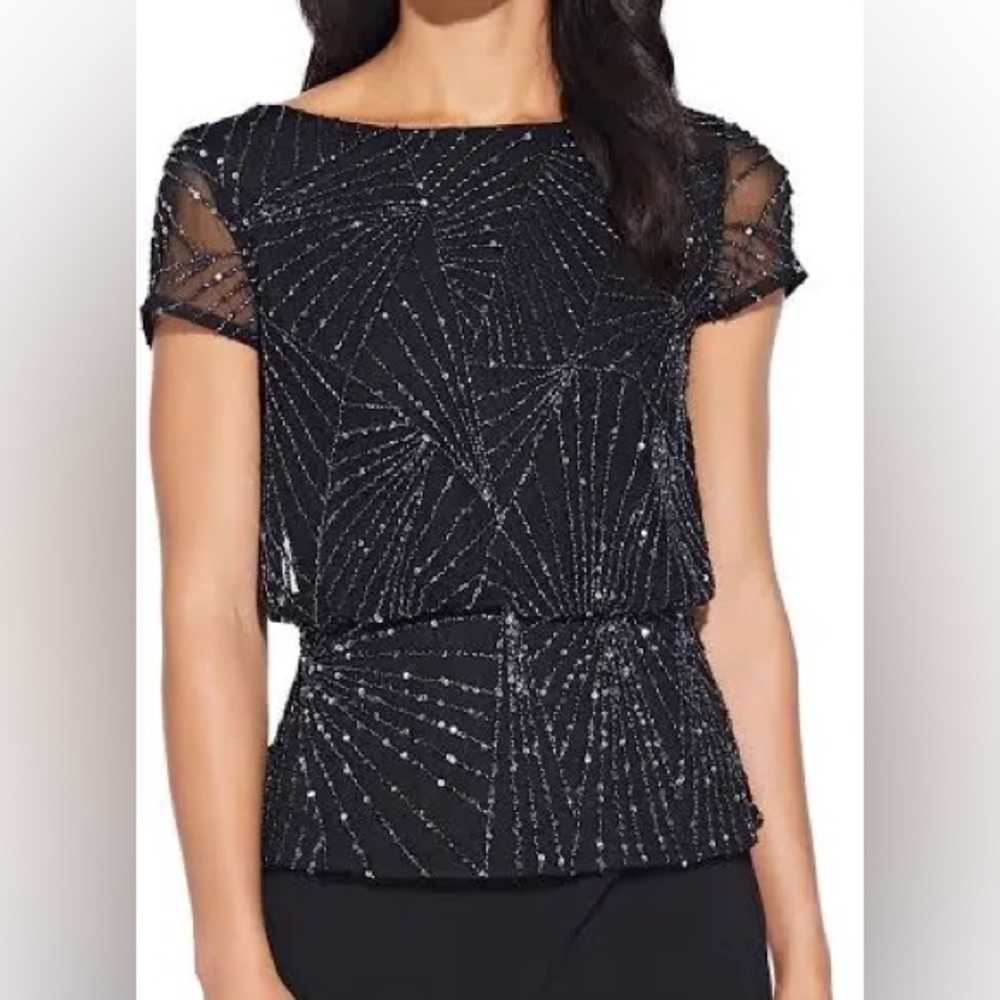 Adrianna Papell Black Beaded Sequins Short-sleeve Blouse